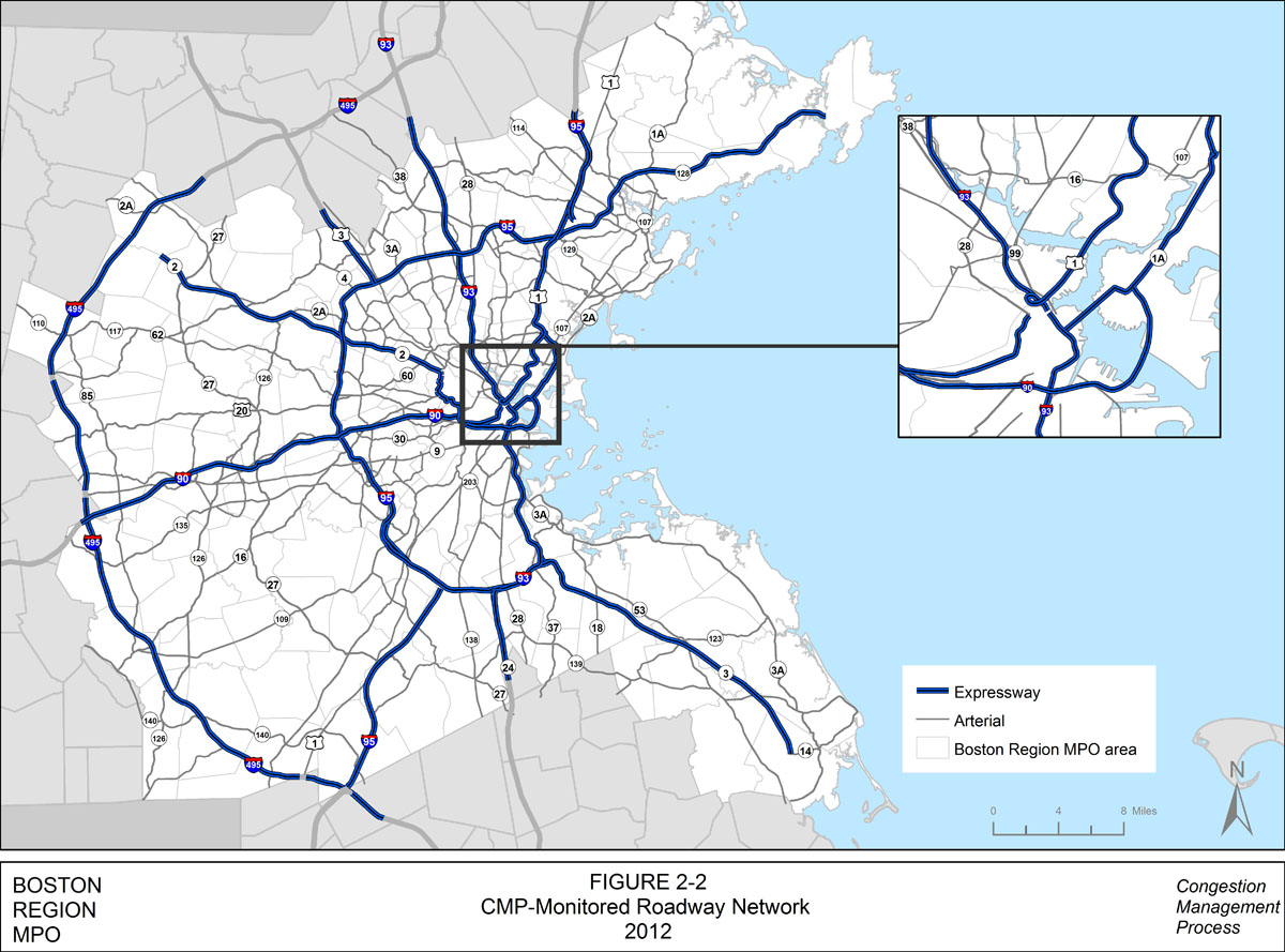 This map shows the CMP-monitored roadway network for the Congestion Management Process. Indicated on this map are the expressways, which are displayed in blue, and roadway arterials, which are displayed in gray. There is an inset map that further displays the expressways and arterials for the Boston inner core area.